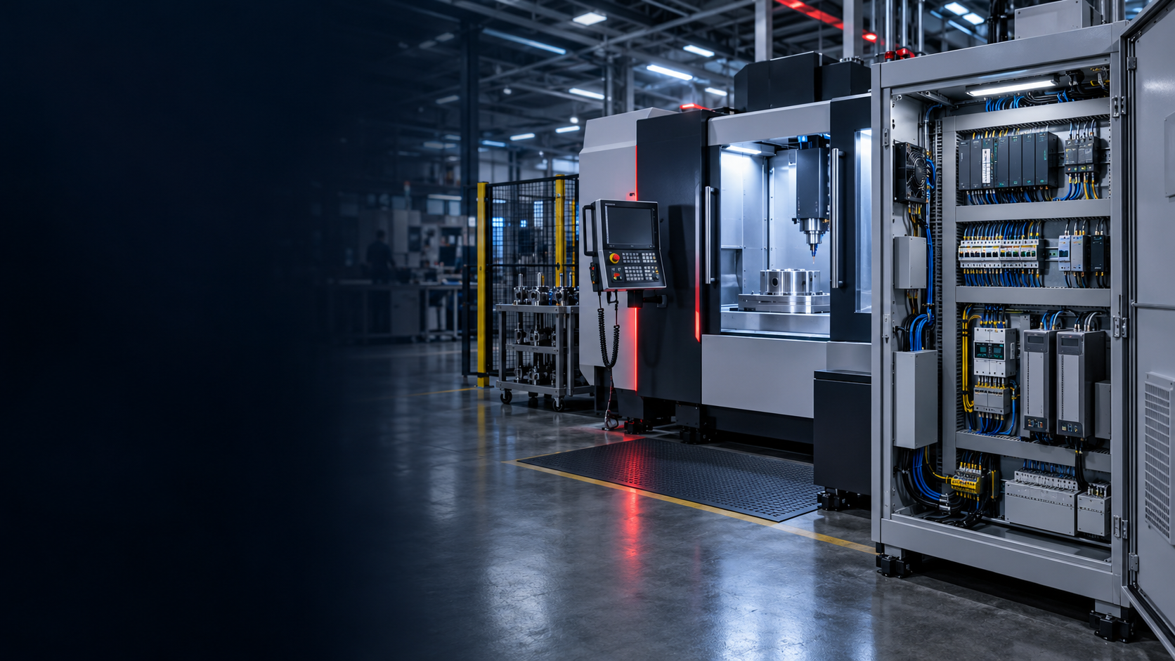 Modern industrial automation and CNC manufacturing environment